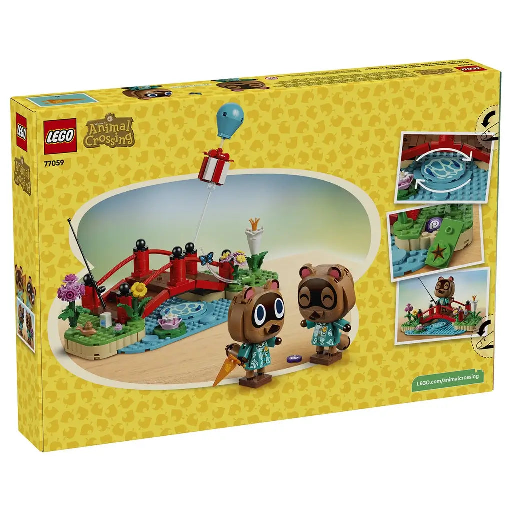 LEGO Animal Crossing Timmy & Tommy's Fun Day Out 77059 package back in yellow shows brown figures, a red bridge, blue stream, flowers, balloon gift, and hidden fossil feature.