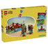 LEGO Animal Crossing Timmy & Tommy's Fun Day Out 77059 package back in yellow shows brown figures, a red bridge, blue stream, flowers, balloon gift, and hidden fossil feature.
