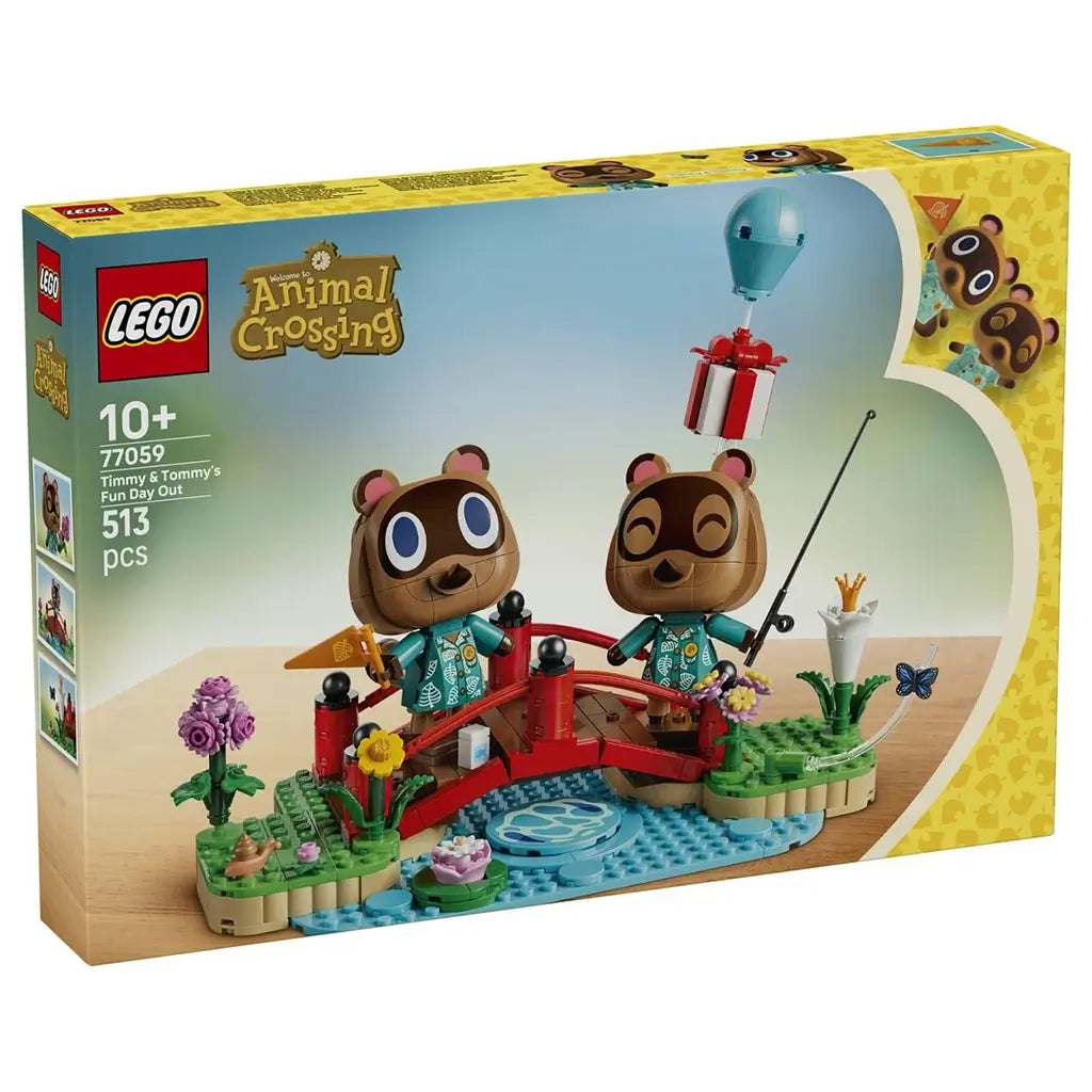 LEGO Animal Crossing Timmy & Tommy's Fun Day Out 77059 box in yellow and blue shows two brown figures on a red bridge over a blue stream with flowers, fishing rod, and balloon gift.