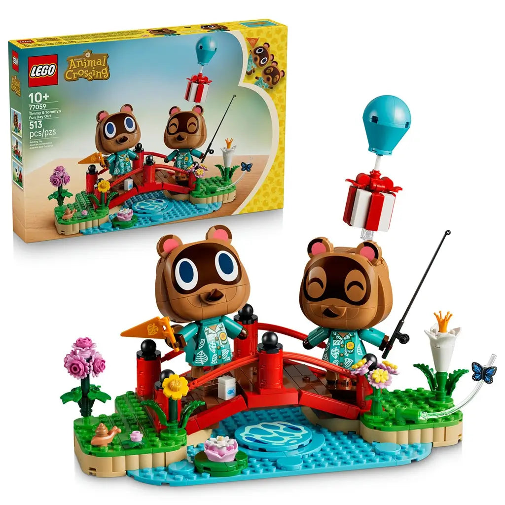 LEGO Animal Crossing Timmy & Tommy's Fun Day Out 77059 pairs the yellow retail box with two brown figures, a red bridge, blue stream, flowers, fishing rod, and balloon gift.