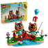 LEGO Animal Crossing Timmy & Tommy's Fun Day Out 77059 pairs the yellow retail box with two brown figures, a red bridge, blue stream, flowers, fishing rod, and balloon gift.