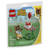 LEGO Animal Crossing Tom Nook set features a colorful plastic minifigure with brown and tan tones, green base plate, pink flowers, and a red balloon gift build, themed as a playful island scene, shown on branded packaging with illustrated forest background.