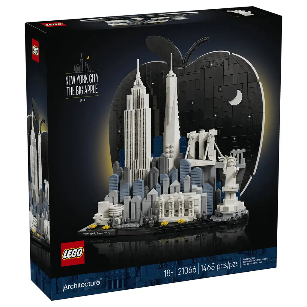 LEGO Architecture New York City 21066 box has black cardboard packaging showing the Big Apple skyline model with landmark buildings, 1,465-piece count and 18+ age mark.