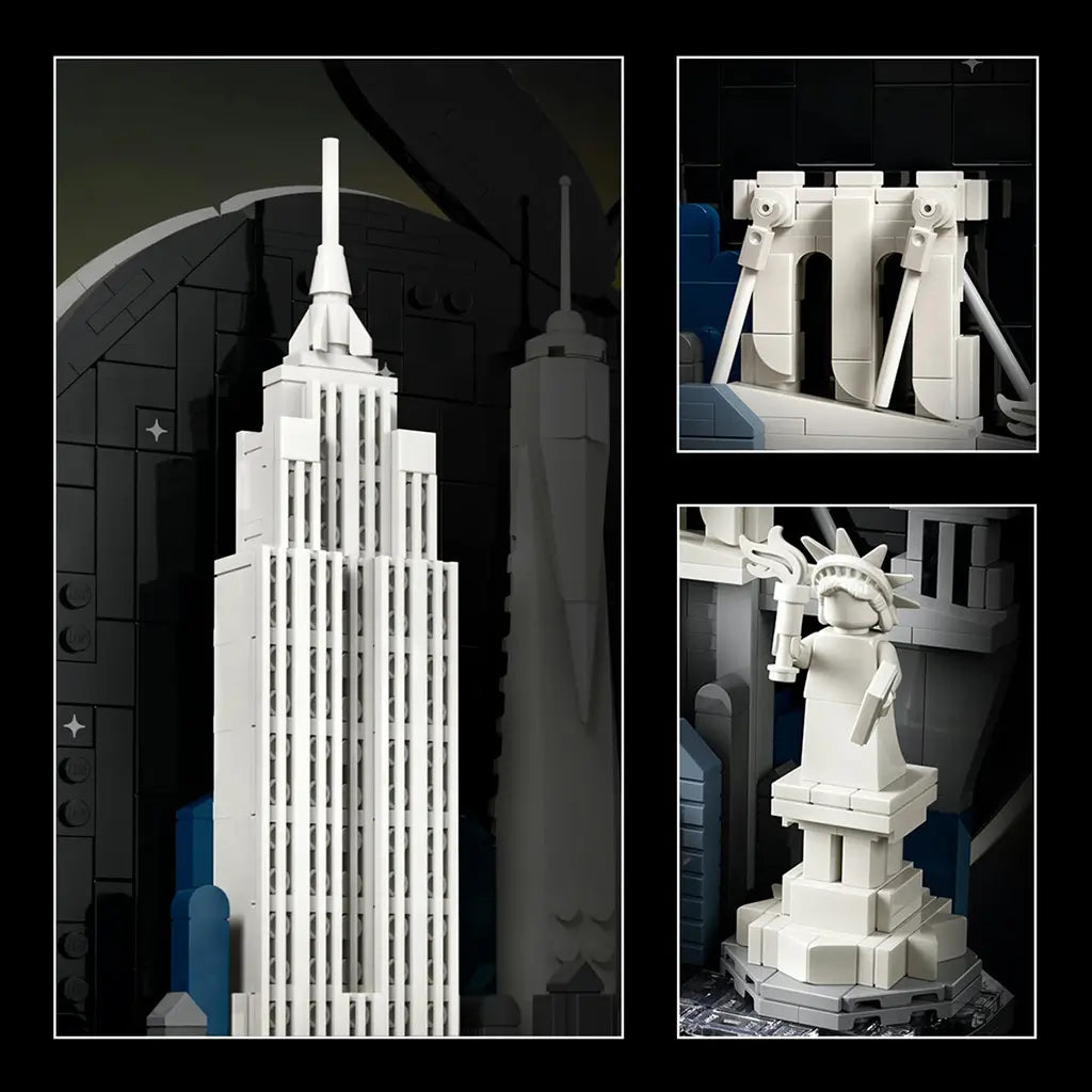 LEGO Architecture New York City landmark details show white plastic brick models of the Empire State Building, Brooklyn Bridge and Statue of Liberty on black panels.