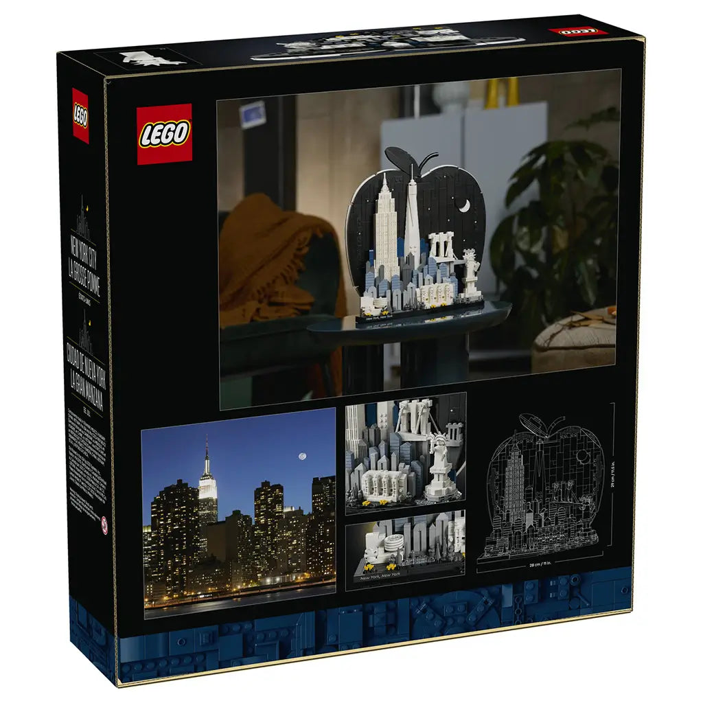 LEGO Architecture New York City 21066 box back uses black cardboard graphics to show the Big Apple model, skyline photography, detail views and product dimensions.