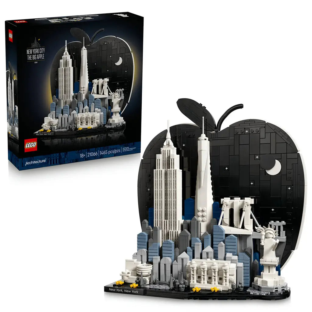 LEGO Architecture New York City 21066 set pairs its black retail box with the black, white, gray and blue Big Apple skyline model displayed on a white background.