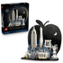 LEGO Architecture New York City 21066 set pairs its black retail box with the black, white, gray and blue Big Apple skyline model displayed on a white background.