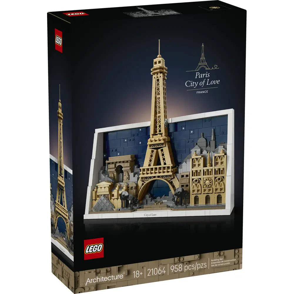 LEGO Architecture Paris City of Love box front features black packaging with a detailed image of the Eiffel Tower display, labeled set 21064 with 958 pieces for adult builders.