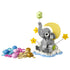 LEGO baby elephant building set components in gray, white, yellow, blue and pastel colors, showing assembled display with alternate decorative pieces for customizable nursery-themed presentation.