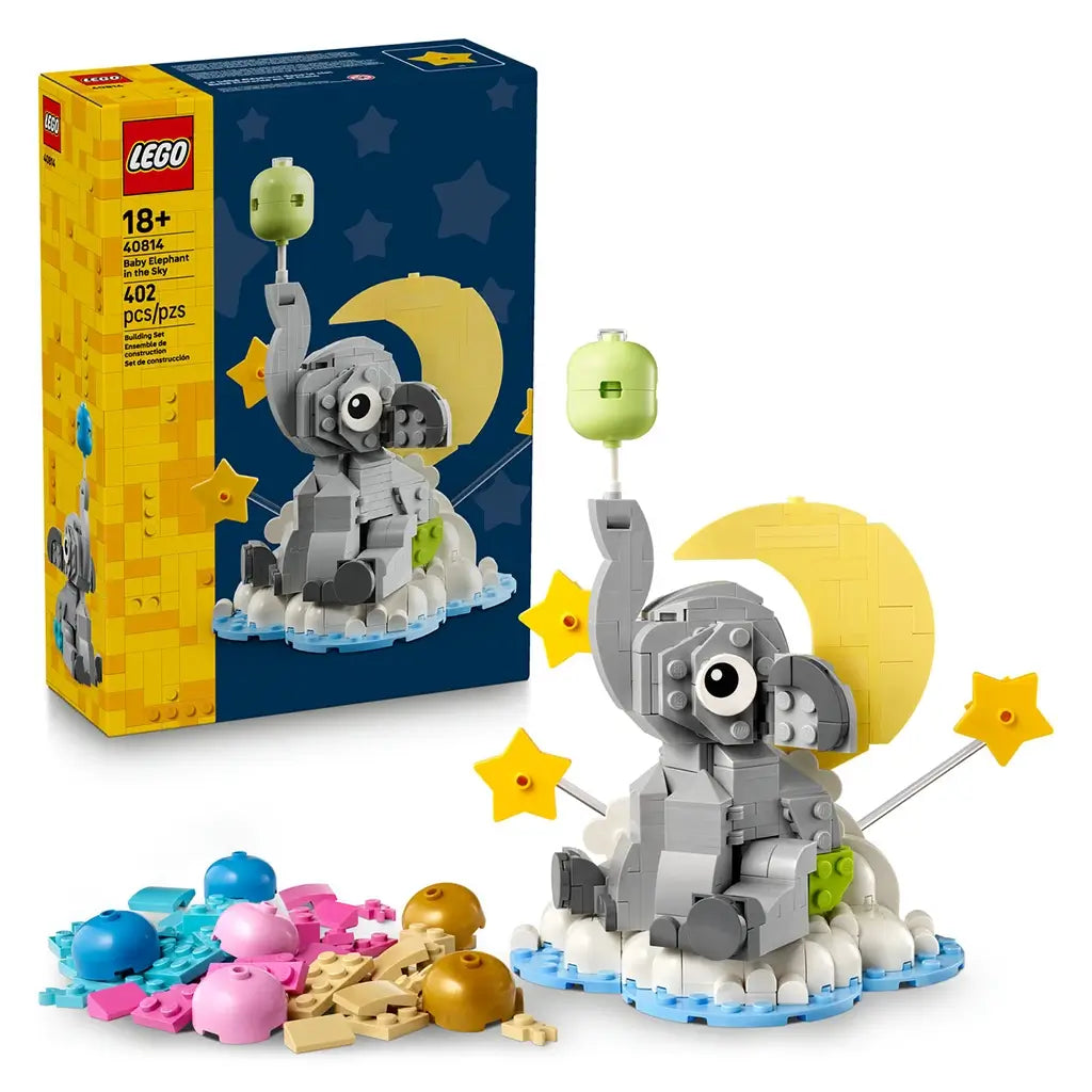 LEGO baby elephant gift set featuring retail packaging and completed display model, with a gray elephant, pastel balloon, moon, stars and cloud-themed scene on a clean studio background.