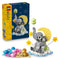 LEGO baby elephant gift set featuring retail packaging and completed display model, with a gray elephant, pastel balloon, moon, stars and cloud-themed scene on a clean studio background.