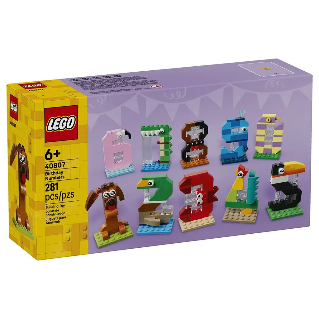 LEGO birthday numbers party decor set in yellow and lavender packaging, featuring animal-themed buildable digits for customizable birthday displays on a clean studio background.