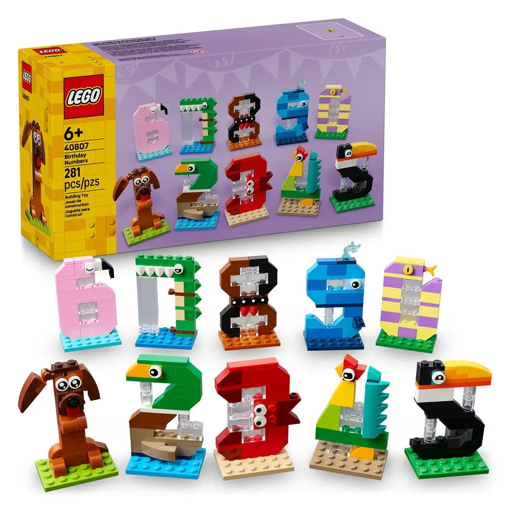 LEGO birthday numbers building set with colorful plastic animal-shaped digits and retail box, designed for customizable age displays and celebration decorations on a clean background.