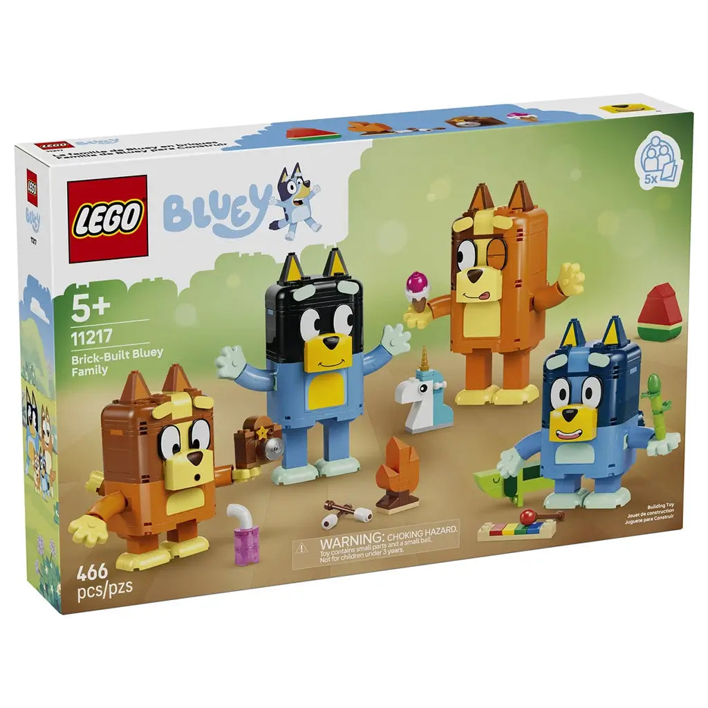LEGO Bluey Brick-Built Family 11217 box front shows four blue, orange, brown, and yellow character models with playful accessories, plus 466-piece and age 5+ labeling.