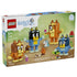 LEGO Bluey Brick-Built Family 11217 box front shows four blue, orange, brown, and yellow character models with playful accessories, plus 466-piece and age 5+ labeling.
