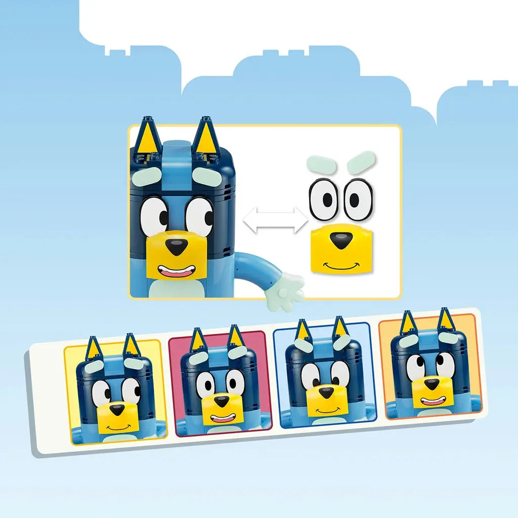 LEGO Bluey Brick-Built Family feature graphic shows a blue character model with interchangeable white eyes, eyebrows, and yellow mouth pieces for four customizable expressions.