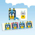 LEGO Bluey Brick-Built Family feature graphic shows a blue character model with interchangeable white eyes, eyebrows, and yellow mouth pieces for four customizable expressions.
