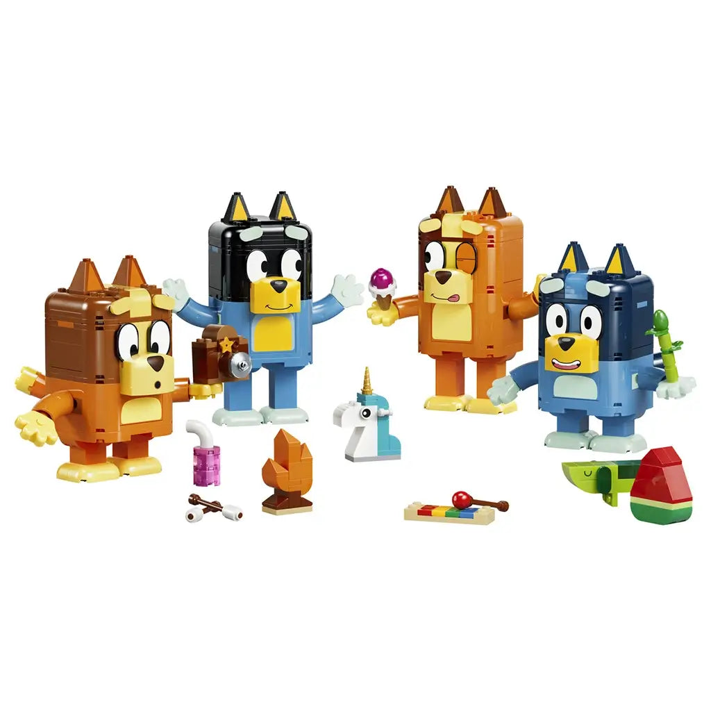 LEGO Bluey Brick-Built Family figures in blue, navy, orange, brown, and yellow plastic pose with a camera, ice cream, unicorn, fire, xylophone, plant, and other accessories.