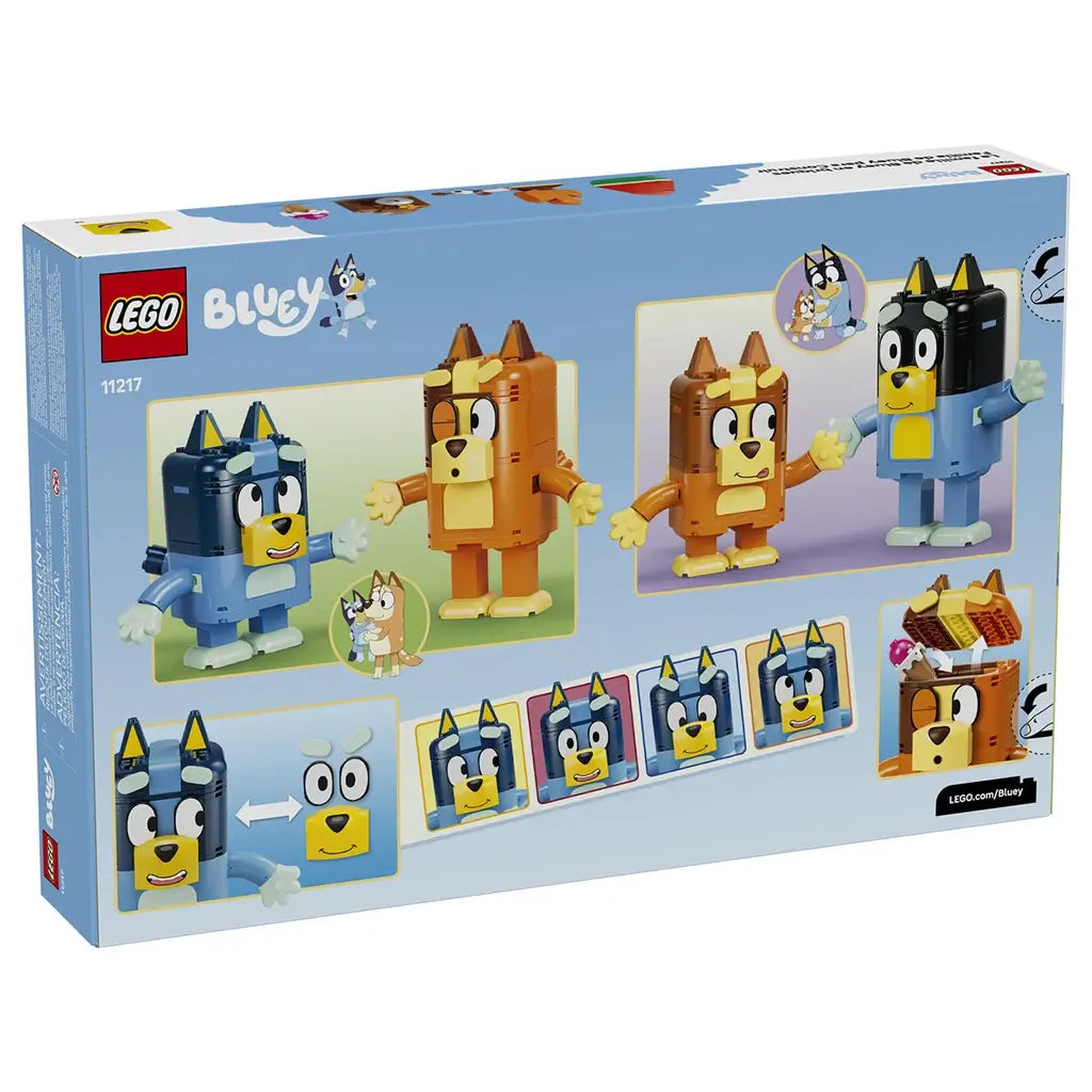LEGO Bluey Brick-Built Family 11217 package back in light blue shows four colorful character models, interchangeable facial features, accessories, and interactive play ideas.