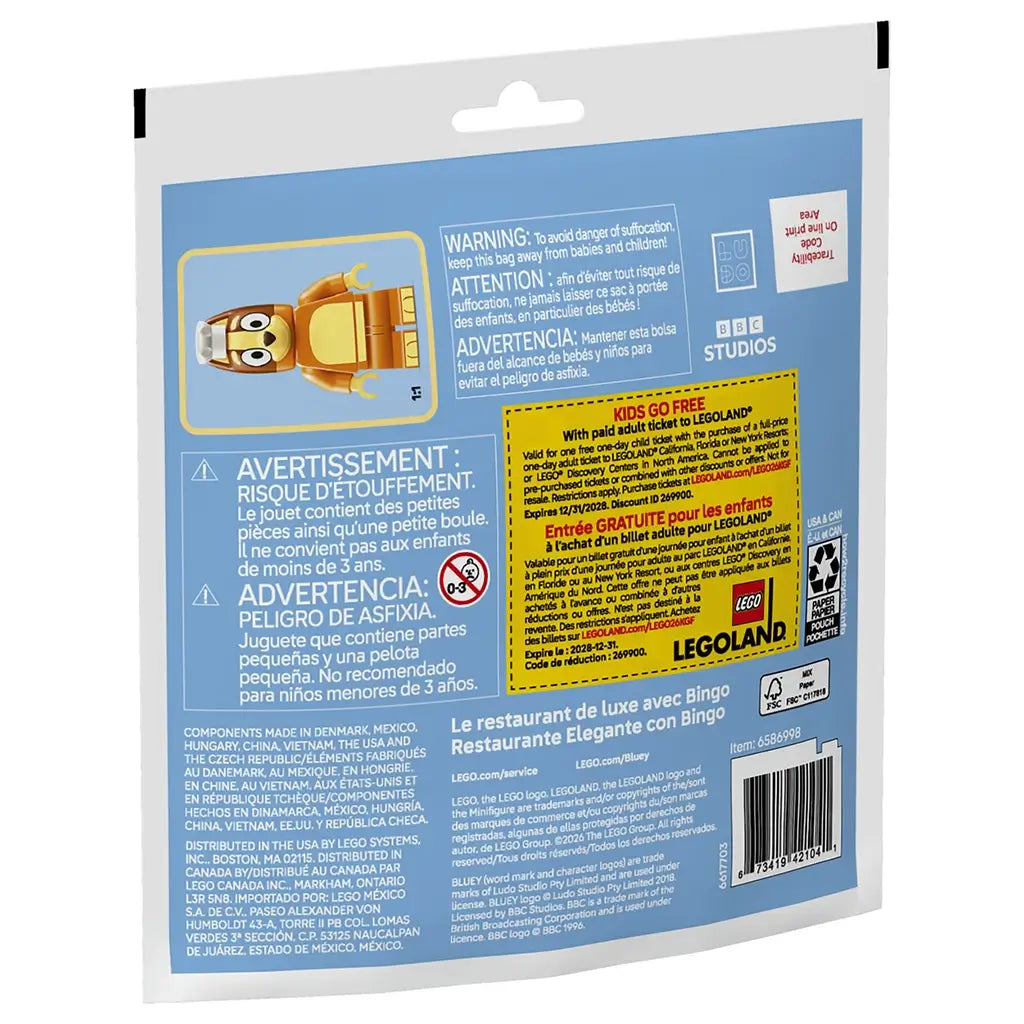 LEGO Bluey package back in blue printed material, rectangular retail pouch format featuring Bingo character details, safety information, promotional graphics and product reference content.