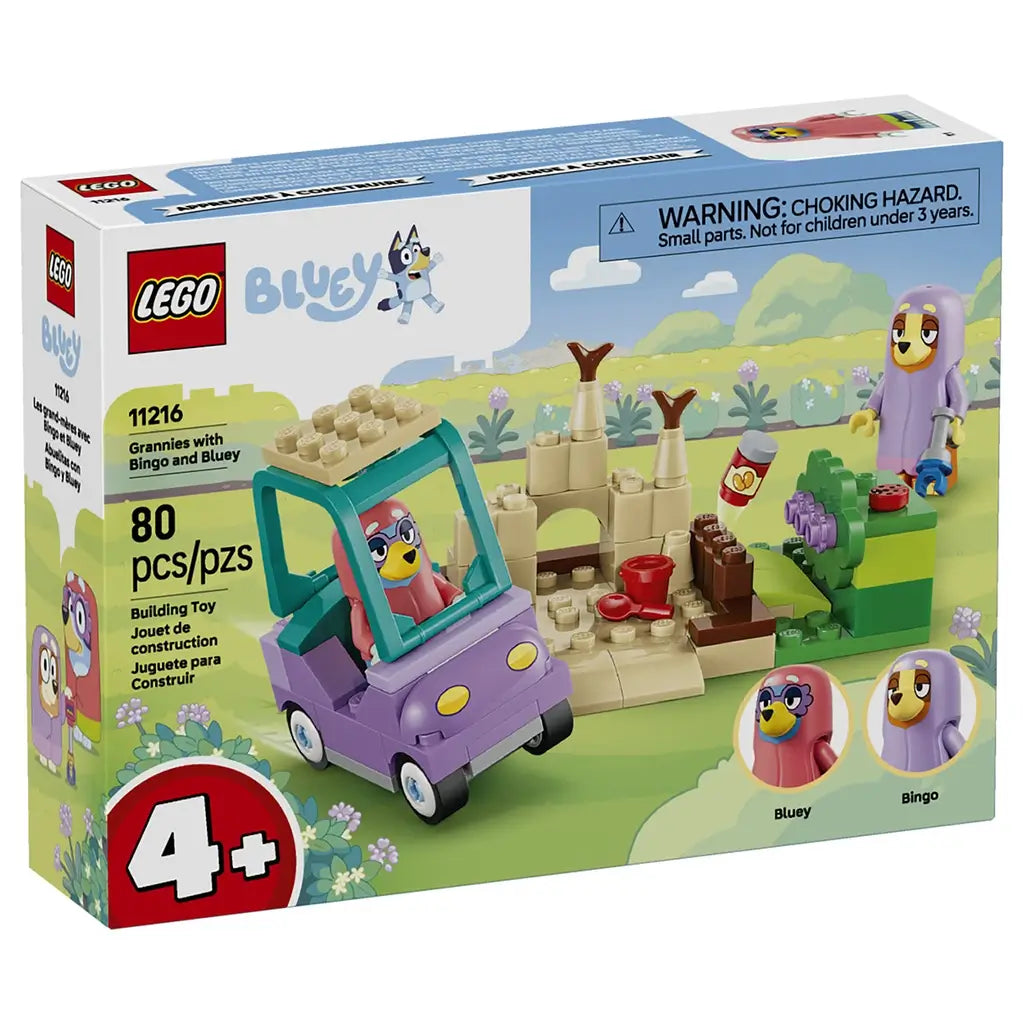 LEGO Bluey Grannies with Bingo and Bluey 11216 box front shows a purple and teal car, tan sandcastle, green garden, two figures, 80-piece count, and age 4+ label.