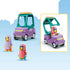 LEGO Bluey Grannies feature graphic shows a purple and teal plastic toy car with yellow headlights, pink and lavender figures, and a hinged roof that flips upward for play.