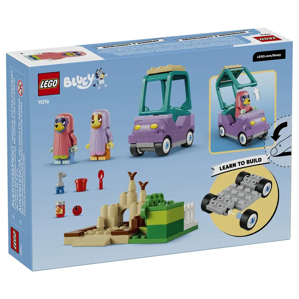 LEGO Bluey Grannies 11216 package back in light blue shows pink and lavender figures, a purple toy car, sandcastle scene, small accessories, and learn-to-build wheel guide.