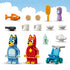 LEGO Bluey School accessories in orange, tan, yellow, purple, white, mint, and teal plastic include Bluey and Rusty figures, stroller, fish, brush, cups, bowls, and teapot.