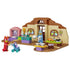 LEGO Bluey School set in tan, brown, pink, purple, and teal plastic features Bluey and Rusty figures, a stroller, beds, sink, table, and kitchen area on a white background.