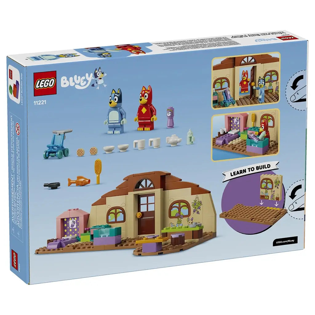 LEGO Bluey School 11221 package back in light blue shows the tan and brown classroom build, Bluey and Rusty figures, accessories, play scenes, and learn-to-build feature.