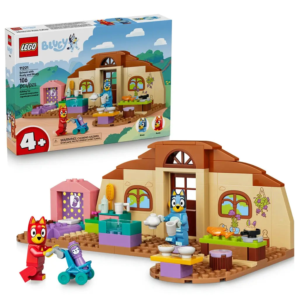 LEGO Bluey School with Rusty and Bluey 11221 pairs the colorful retail box with the tan and brown classroom build, character figures, stroller, furniture, and accessories.