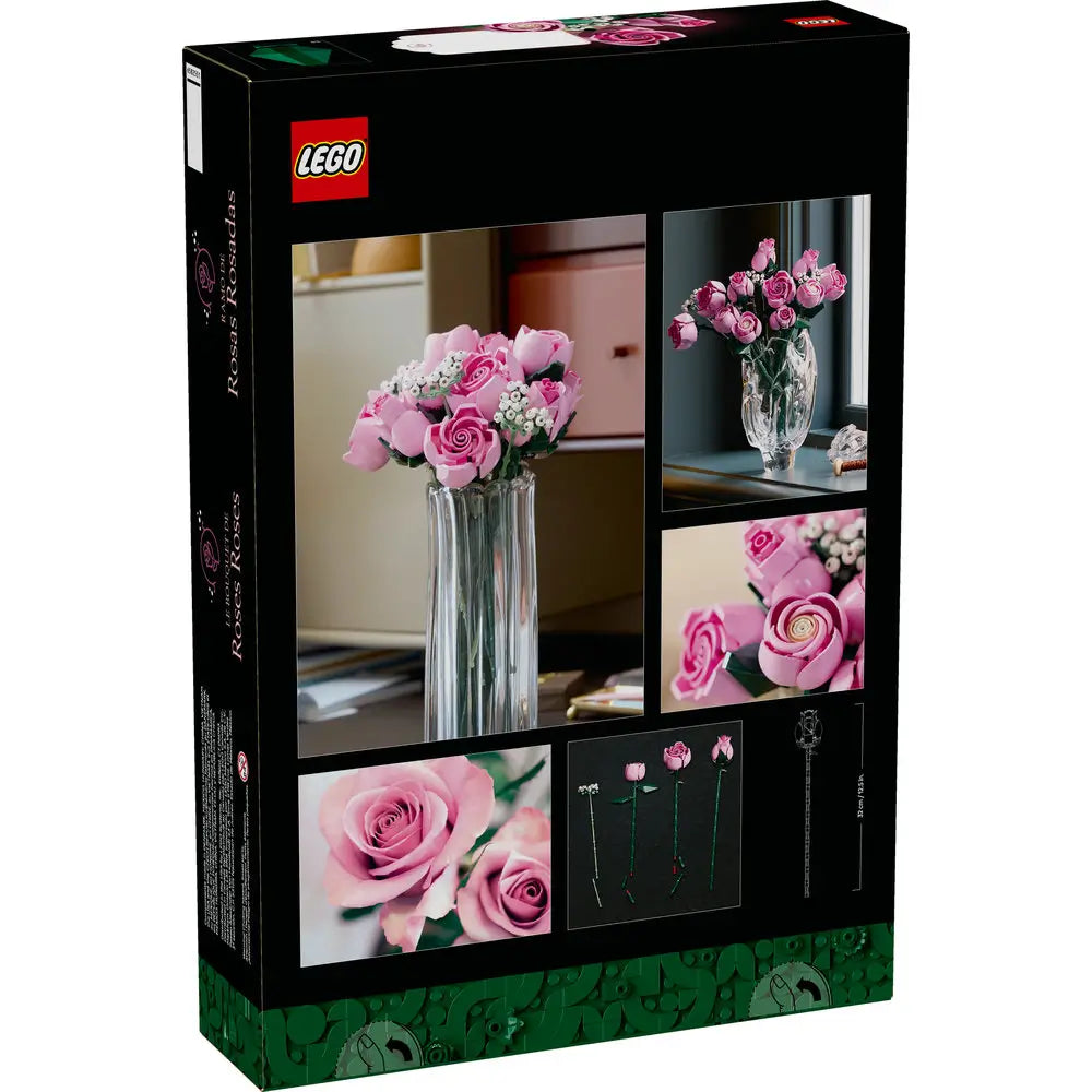 Back of LEGO pink roses box displays molded plastic blooms, tall stems, and close-up details arranged in multiple panels set against a dark backdrop for product showcase. Designed for detailed display with realistic plastic floral elements.