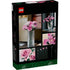 Back of LEGO pink roses box displays molded plastic blooms, tall stems, and close-up details arranged in multiple panels set against a dark backdrop for product showcase. Designed for detailed display with realistic plastic floral elements.