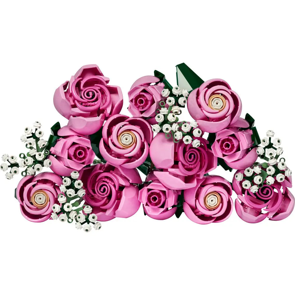 LEGO pink roses bouquet features glossy plastic petals, smooth curved shapes, and detailed stems forming a decorative floral display arranged against a clean background for home décor appeal. Designed for detailed display with realistic plastic floral elements.