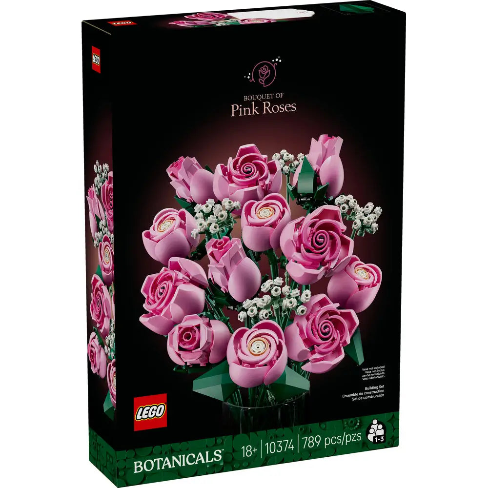 LEGO Botanicals pink roses set in a matte black box shows molded plastic blooms with soft curved petals and tall stems, highlighting the construction theme in a simple studio backdrop. Designed for detailed display with realistic plastic floral elements.