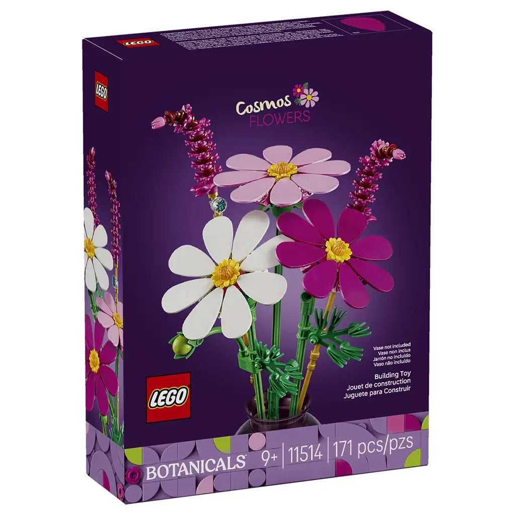 LEGO Botanicals Cosmos Flowers 11514 box in deep purple shows pink, magenta, and white brick-built flowers with yellow centers and green stems arranged in a vase.