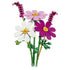 LEGO Botanicals Cosmos Flowers in pink, magenta, white, yellow, and green plastic form three open blooms and two tall flower spikes with leafy stems on white.