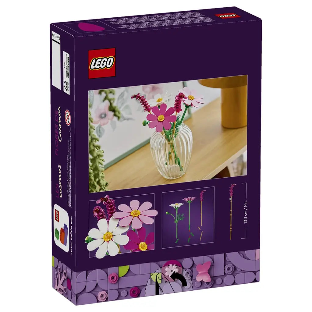 LEGO Botanicals Cosmos Flowers 11514 package back in deep purple shows the pink, white, yellow, and green bouquet in a vase, flower details, and adjustable stem lengths.