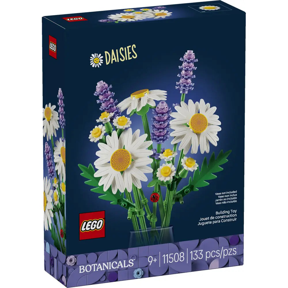 LEGO Botanicals Daisies box front with dark blue packaging showing white daisy blooms with yellow centers and lavender sprigs, detailed plastic brick botanical model for decorative display.