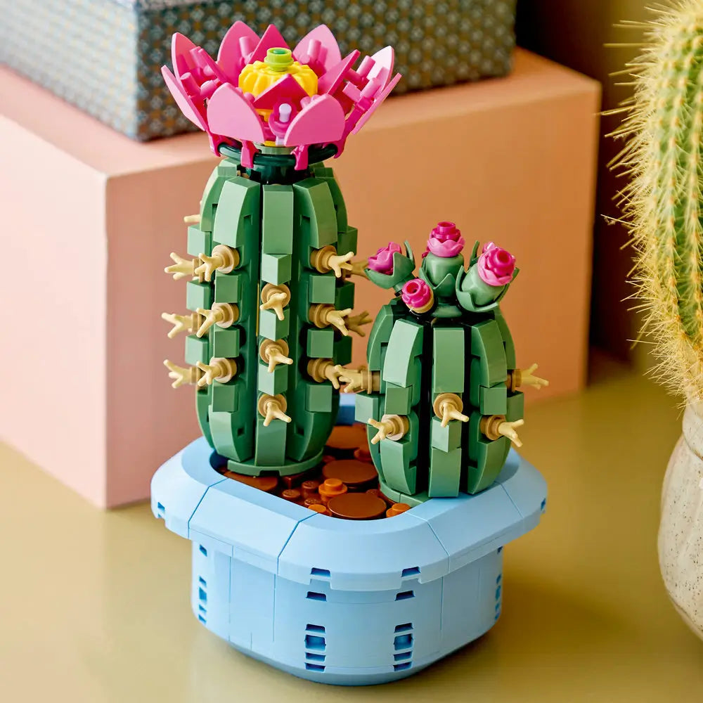 LEGO Botanicals Flowering Cactus display showing completed green plastic cactus with pink flowers and beige spines, sculpted block form for home decor, placed in a light blue pot on a styled interior surface.