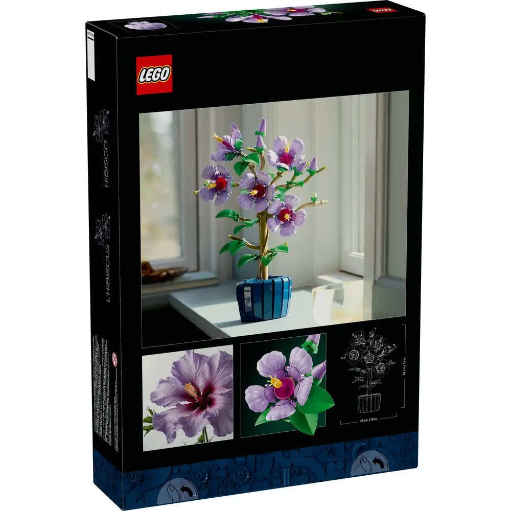 Back of LEGO Botanicals Hibiscus 10372 box showing close-ups of the flower’s details, a real hibiscus photo for comparison, and schematic dimensions of the completed build.