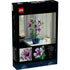 Back of LEGO Botanicals Hibiscus 10372 box showing close-ups of the flower’s details, a real hibiscus photo for comparison, and schematic dimensions of the completed build.