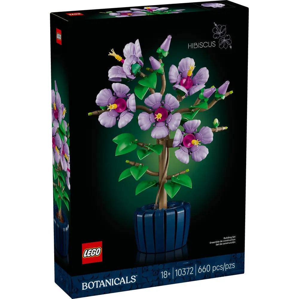 LEGO Botanicals Hibiscus 10372 set featuring a realistic purple and magenta flower display with green leaves and a curved golden stem in a deep blue pot.