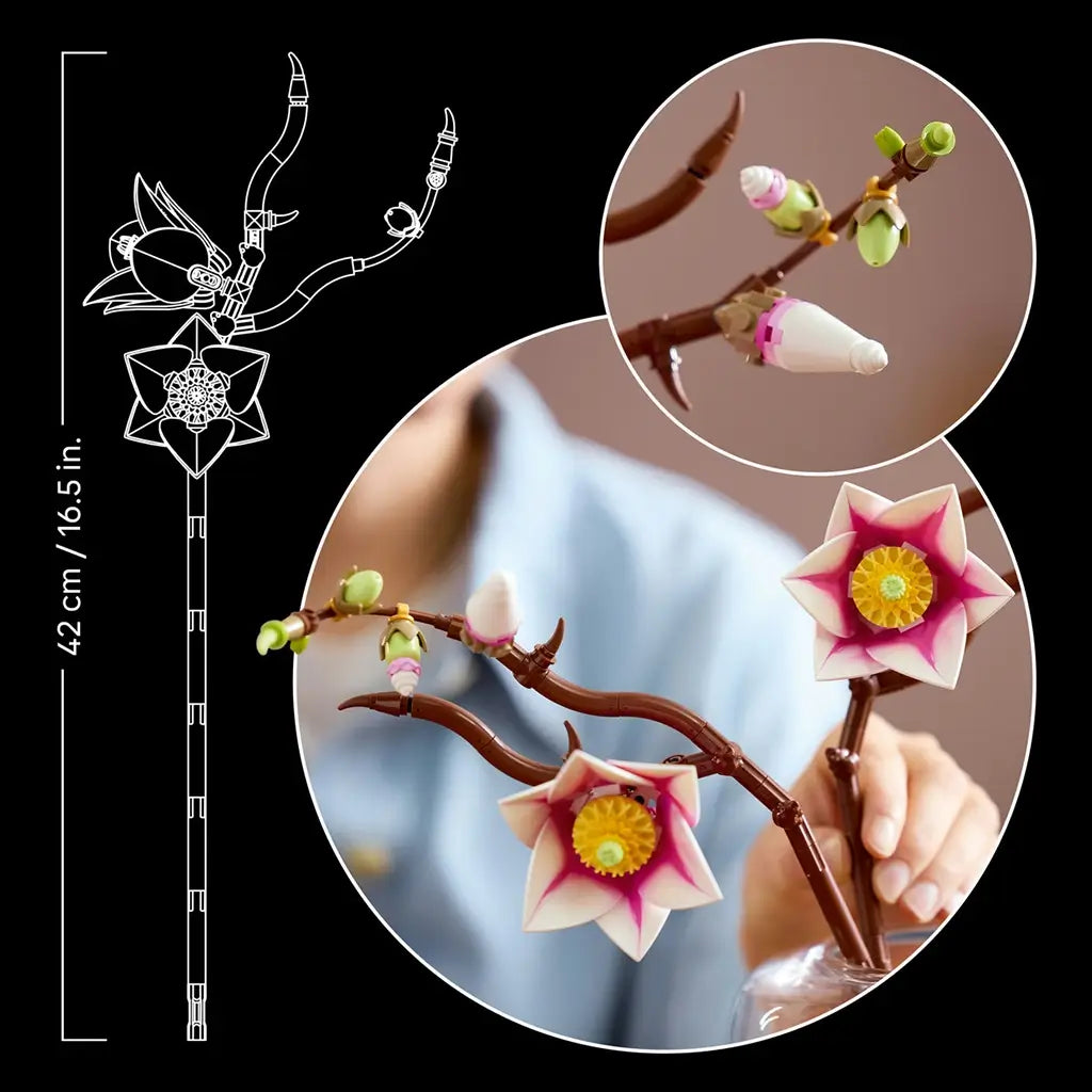 LEGO magnolia branches dimensions graphic shows pink and white plastic flowers on brown stems with measurement diagram and close-up details, illustrating size and design features on a dark background.