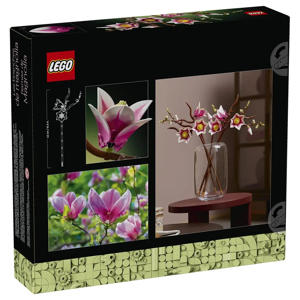 LEGO Botanicals Magnolia Branches box back shows pink and white plastic flowers on brown stems arranged in a glass vase, with product details and lifestyle images on dark branded packaging background.