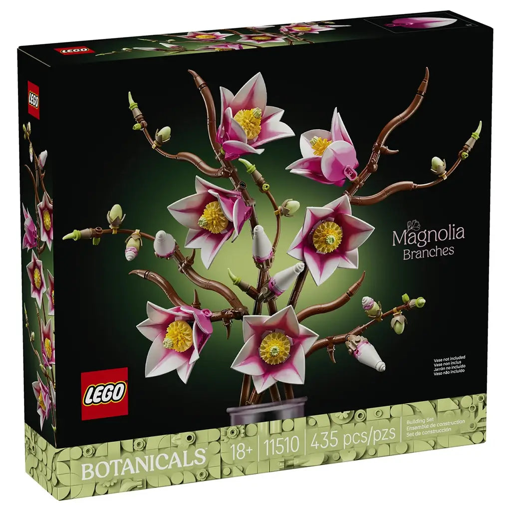 LEGO Botanicals Magnolia Branches set box shows pink and white plastic flower blossoms with yellow centers on brown branch stems, designed as decorative floral home decor, displayed on dark packaging with branding and product details.