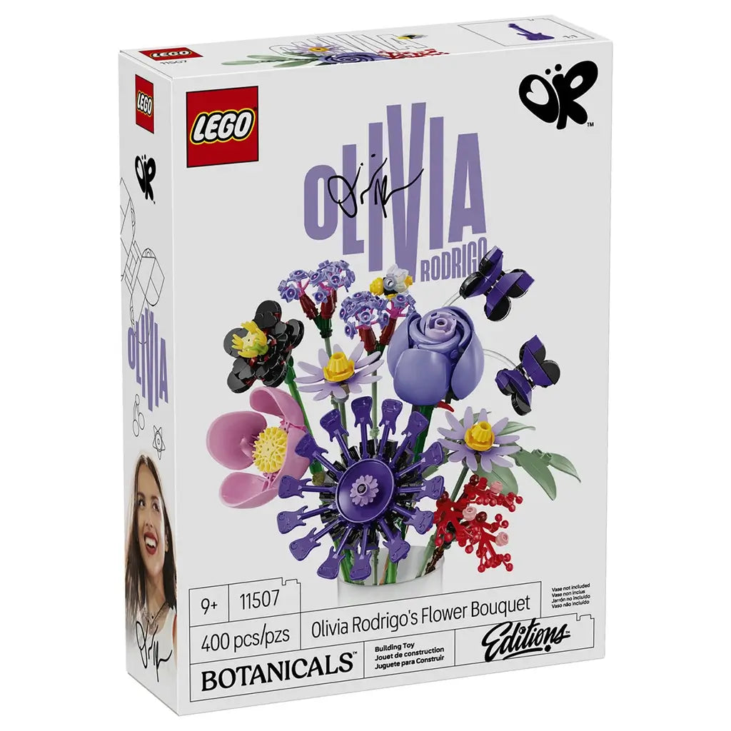 LEGO Botanicals Olivia Rodrigo's Flower Bouquet 11507 box front features purple, pink, red, green, and black brick-built flowers and butterflies on white packaging.