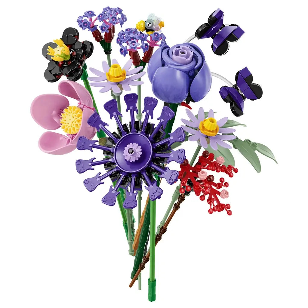 LEGO Botanicals Olivia Rodrigo's Flower Bouquet combines purple, pink, red, green, yellow, and black plastic flowers and butterflies on long stems against white.