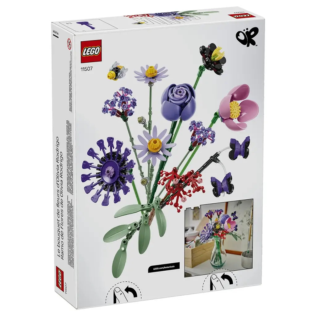 LEGO Botanicals Olivia Rodrigo's Flower Bouquet 11507 package back shows purple, pink, red, and green brick-built flowers, butterflies, and a vase display example.