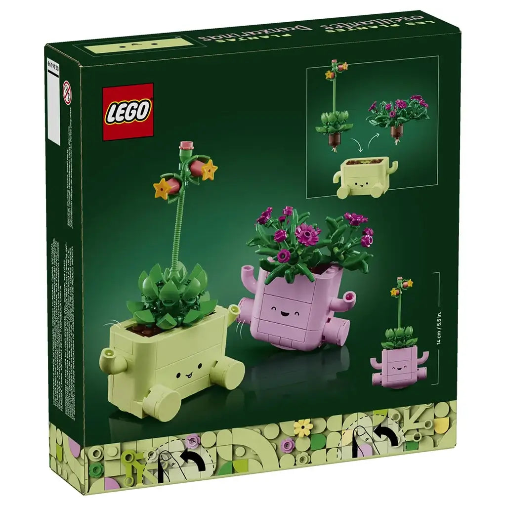 LEGO Botanicals Rocking Plants set 11506 box back shows pink and light green smiling planters with interchangeable leafy flower builds and illustrated movement features.